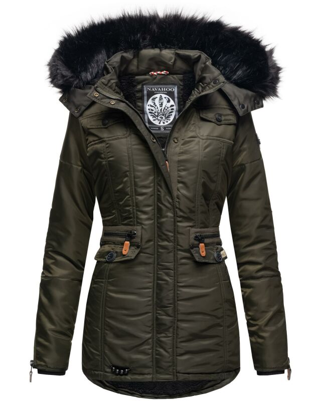 Navahoo Schätzchen Damen Winter Jacke mit Teddyfell und Kunstfell B615 Olive Größe S - Gr. 36