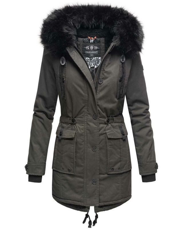 Navahoo Luluna Damen Winter Jacke mit Kunstfell und Teddyfell B636  Dunkelgrau Größe XS - Gr. 34