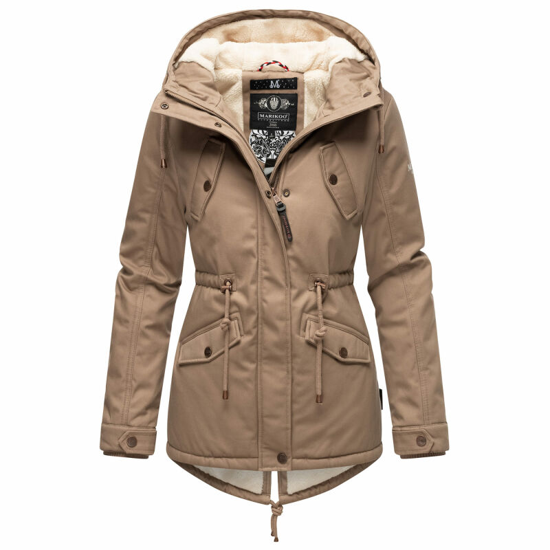 Marikoo Damen Winter Jacke Parka Winterjacke Teddyfell gefüttert B376 Taupe Größe S - Gr. 36