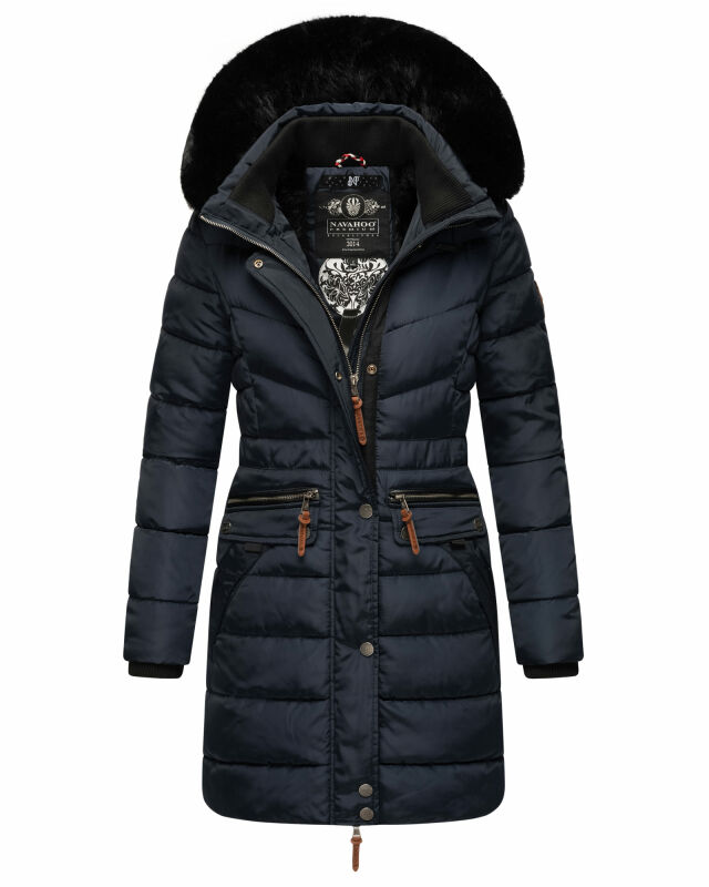 Navahoo Paula Damen Winter Jacke Mantel Parka warm gefütterte Winterjacke B383 Blau schwarzes Fell Größe XS - Gr. 34