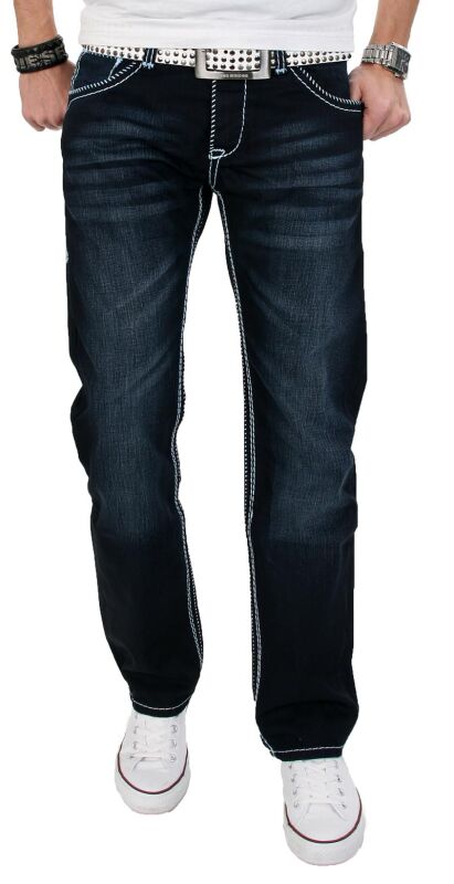 A. Salvarini Herren Designer Jeans Hose Dunkelblau dicke blaue Nähte W29-W42 03 W32 L34 - 32/34