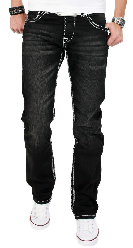 Alessandro Salvarini Herren Designer Jeans Hose Schwarz dicke weiße Nähte W32 L36 - 32/36