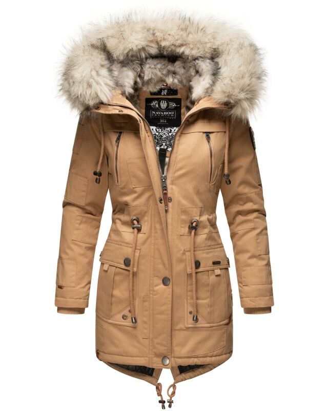 Navahoo Honigfee warme Damen Winter Jacke mit Kapuze und Kunstfell B805 Camel Größe XS - Gr. 34