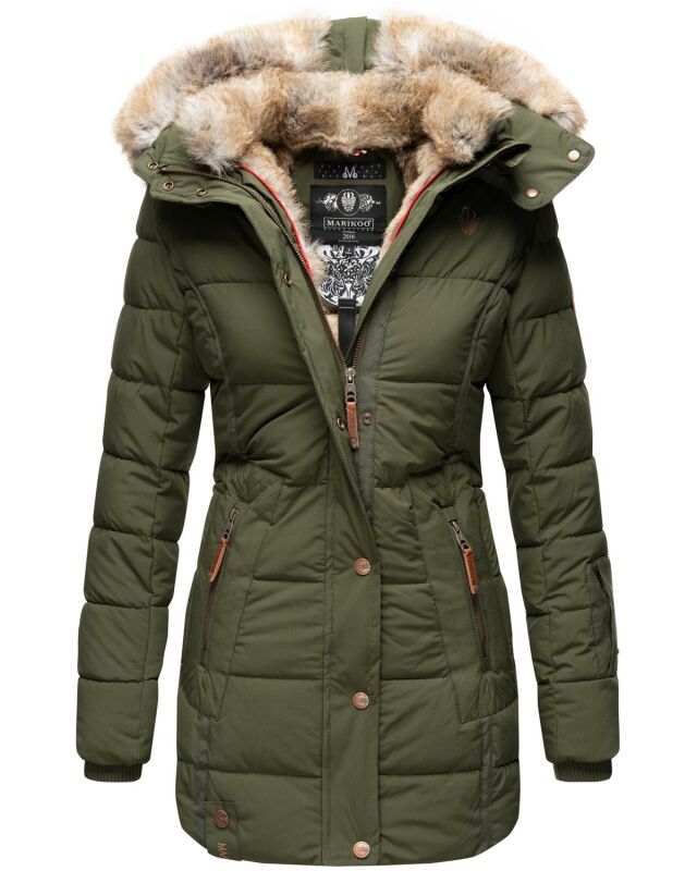 Marikoo warme Damen Winterjacke mit Kapuze Parka Kunstfell B817 Olive-Gr.XS