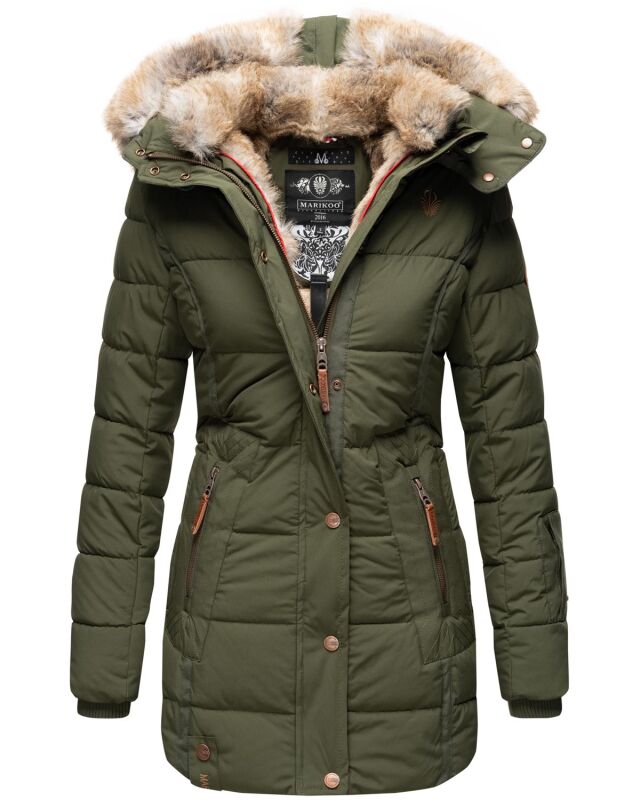 Marikoo warme Damen Winterjacke mit Kapuze Parka Kunstfell B817 Olive-Gr.L