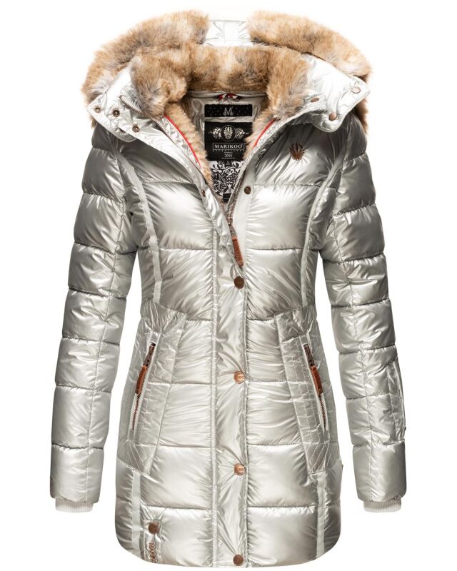 Marikoo warme Damen Winterjacke mit Kapuze Parka Kunstfell B817 Silber-Gr.L