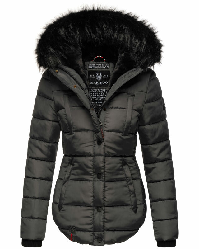 Marikoo warme Damen Winter Jacke gesteppt mit Kunstfell B618 Anthrazit Größe XS - Gr. 34