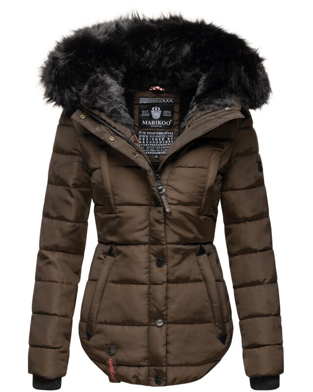 Marikoo warme Damen Winter Jacke gesteppt mit Kunstfell B618 Braun Größe XS - Gr. 34