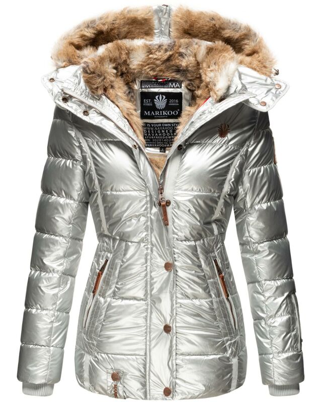 Marikoo Nekoo warm gefütterte Damen Winter Jacke mit Kunstfell B658 Silber Größe XS - Gr. 34