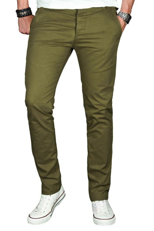 Alessandro Salvarini Herren Designer Chino Stoff Hose Olive Regular Slim O024 W29 L30