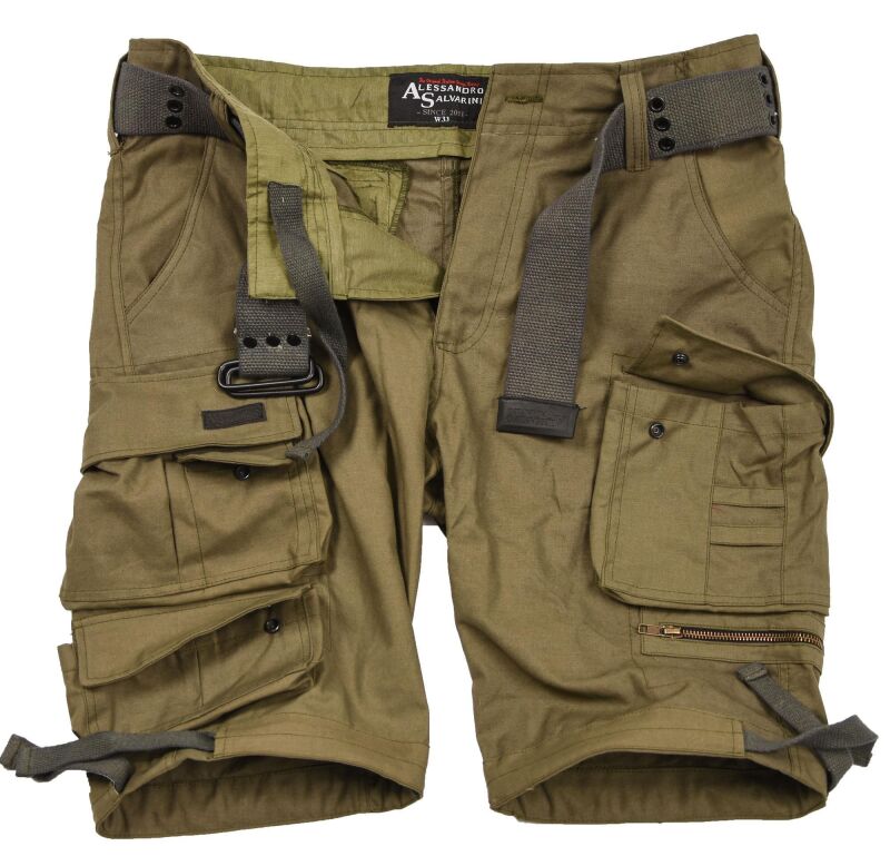 Alessandro Salvarini Herren Cargoshorts mit Gürtel O-079 - Olive-W30
