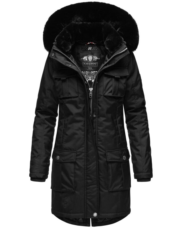 Navahoo Tiniis Damen Winterjacke mit Brusttaschen Kapuze Kunstfell B845 Schwarz-Gr.M