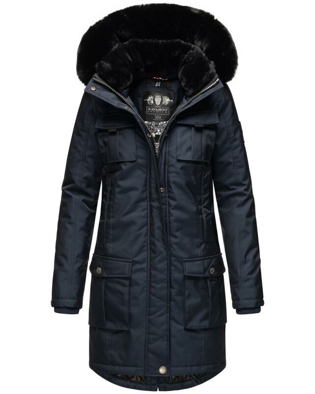 Navahoo Tiniis Damen Winterjacke mit Brusttaschen Kapuze Kunstfell B845 Navy-Gr.M