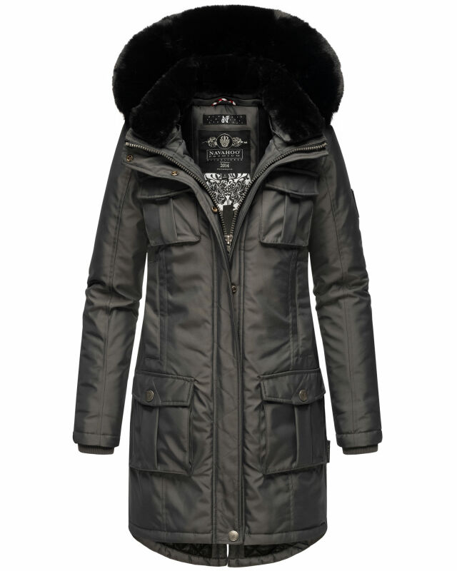 Navahoo Tiniis Damen Winterjacke mit Brusttaschen Kapuze Kunstfell B845 Anthrazit-Gr.M