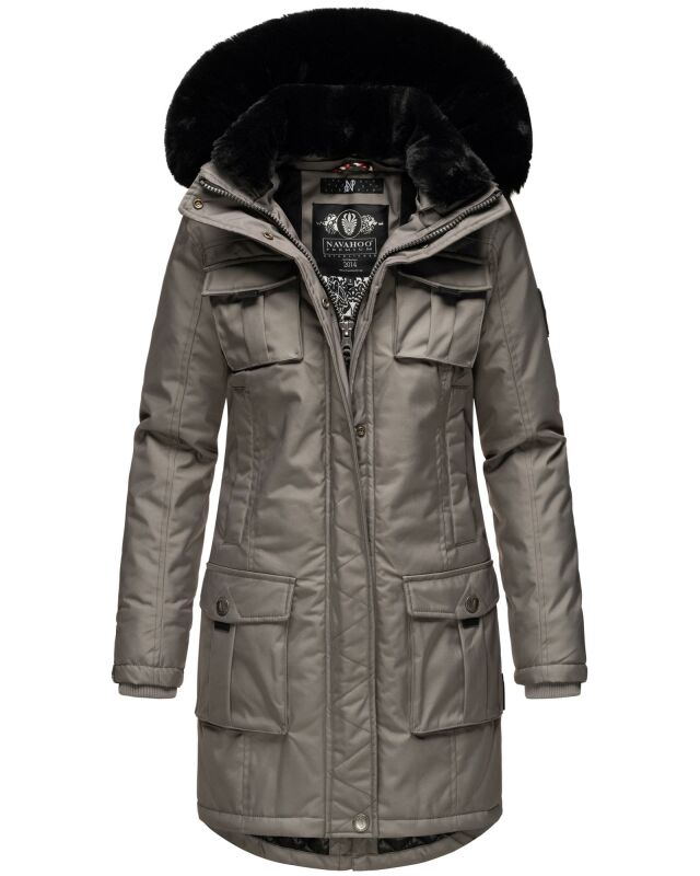 Navahoo Tiniis Damen Winterjacke mit Brusttaschen Kapuze Kunstfell B845 Grau-Gr.S