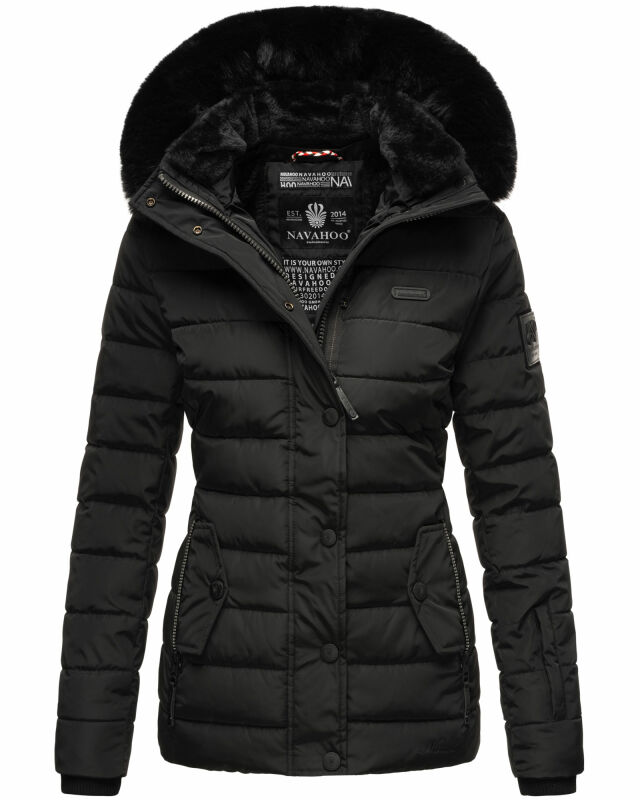 Navahoo Milianaa Damen Winter Steppjacke gefüttert Kapuze Kunstfell B846 Schwarz-Gr.S