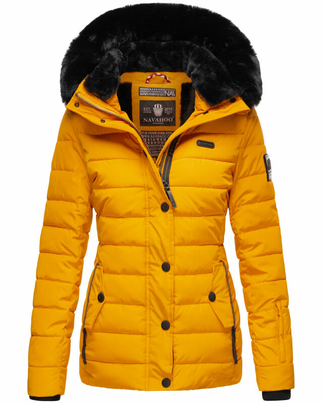 Navahoo Milianaa Damen Winter Steppjacke gefüttert Kapuze Kunstfell B846 Gelb-Gr.S