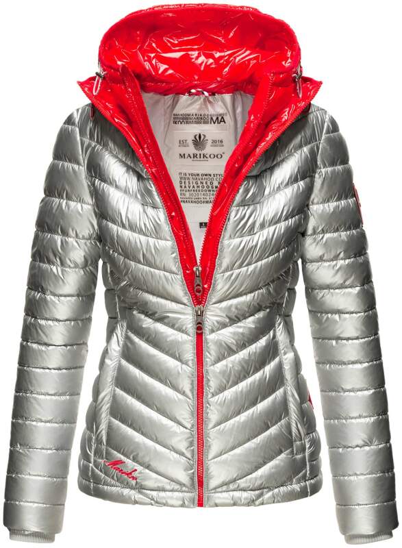 Winter Stepp Jacke Steppjacke mit Kapuze glänzend B851 Silber-Rot-Gr.XS