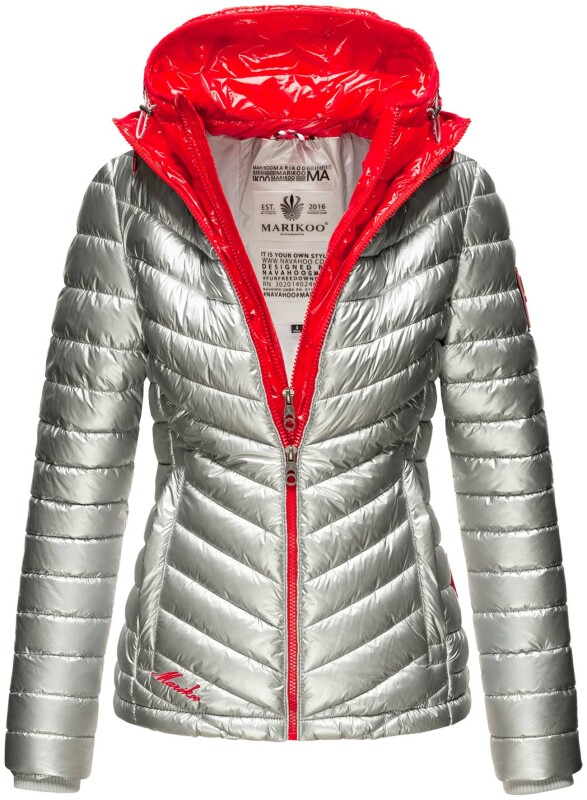 Winter Stepp Jacke Steppjacke mit Kapuze glänzend B851 Silber-Rot-Gr.S