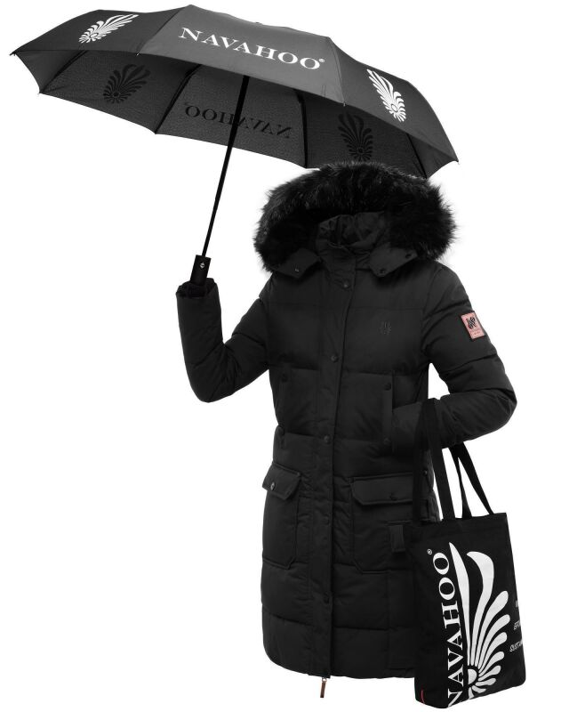 Navahoo Cosimaa Damen Winterjacke lang Kapuze Teddyfell inkl. Regenschirm B854 Schwarz-Gr.XL
