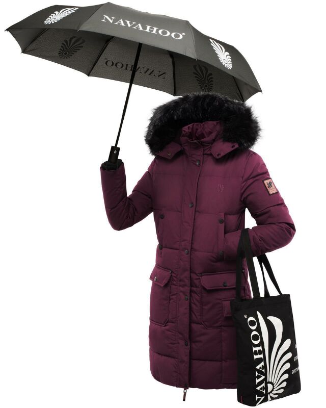 Navahoo Cosimaa Damen Winterjacke lang Kapuze Teddyfell inkl. Regenschirm B854 Weinrot-Gr.XL