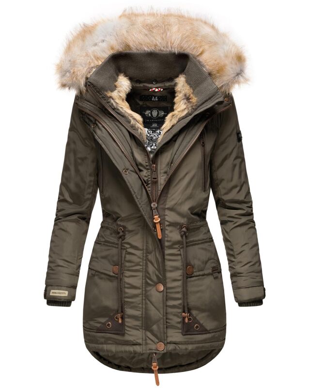 Marikoo Damen Winterjacke mit Kapuze und Kunstfell lang B617 Anthrazit Größe M - Gr. 38