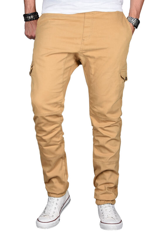 Alessandro Salvarini Herren Designer Cargo Stoff Hose Cargohose Regular Fit NEU O031 Beige W40 L34