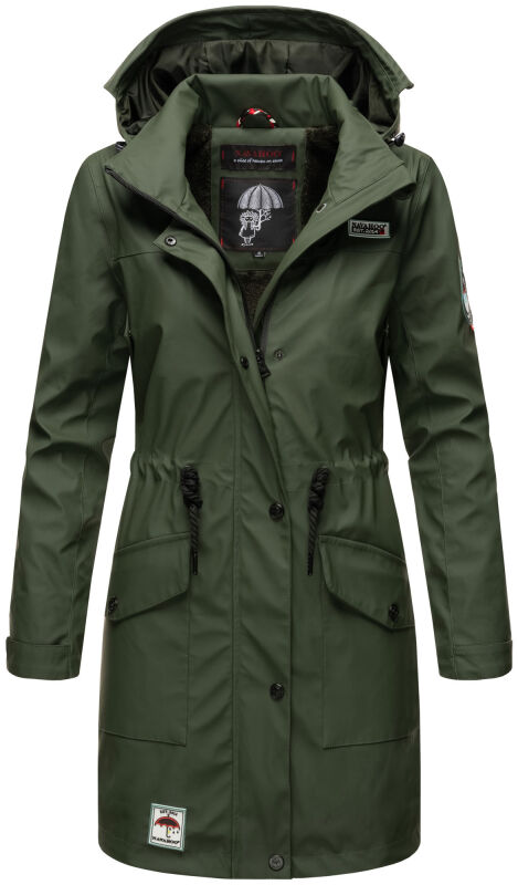 Navahoo Deike Damen lange Regenjacke mit Teddyfell und Kapuze B678 Olive Größe M - Gr. 38
