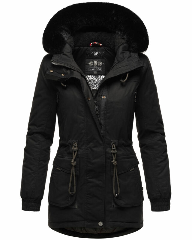 Navahoo Olessaa Damen Winter Jacke Winterjacke halblang Kapuze Kunstfell B869 Schwarz-Gr.XS