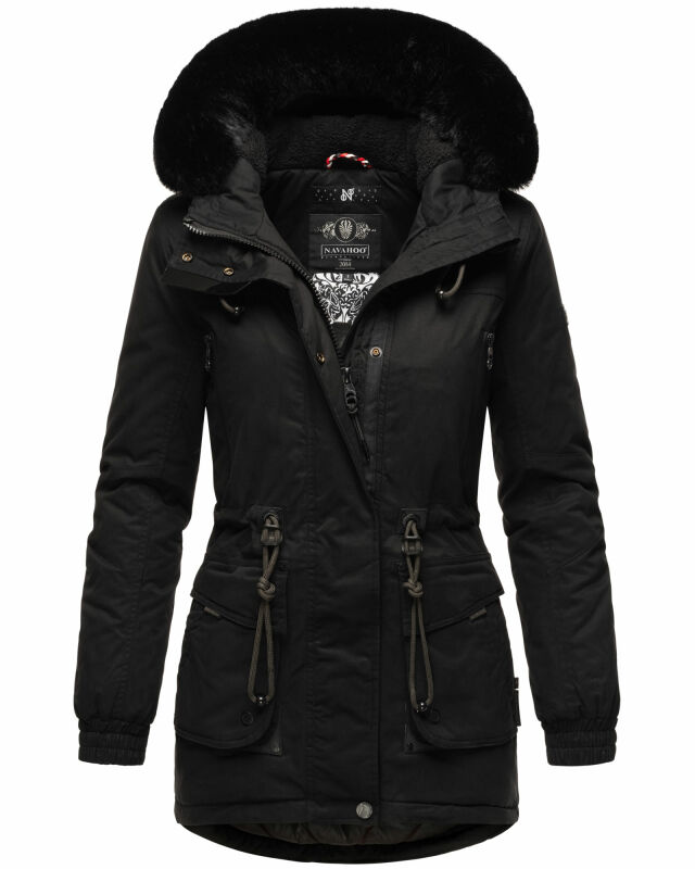 Navahoo Olessaa Damen Winter Jacke Winterjacke halblang Kapuze Kunstfell B869 Schwarz-Gr.L