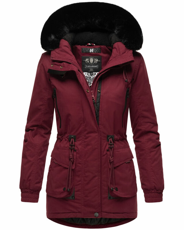 Navahoo Olessaa Damen Winter Jacke Winterjacke halblang Kapuze Kunstfell B869 Bordeaux-Gr.M