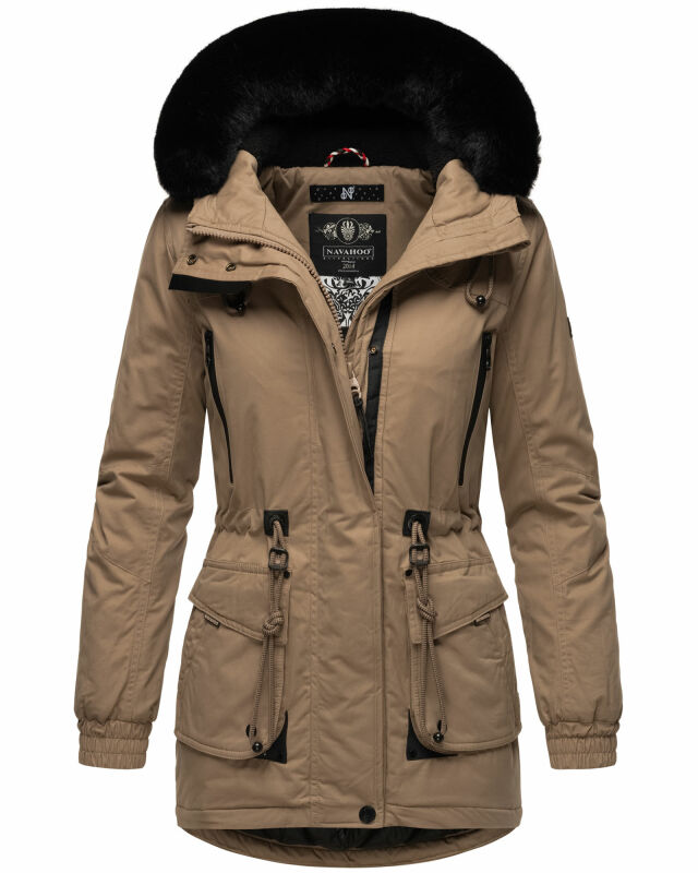 Navahoo Olessaa Damen Winter Jacke Winterjacke halblang Kapuze Kunstfell B869 Taupe-Gr.XS