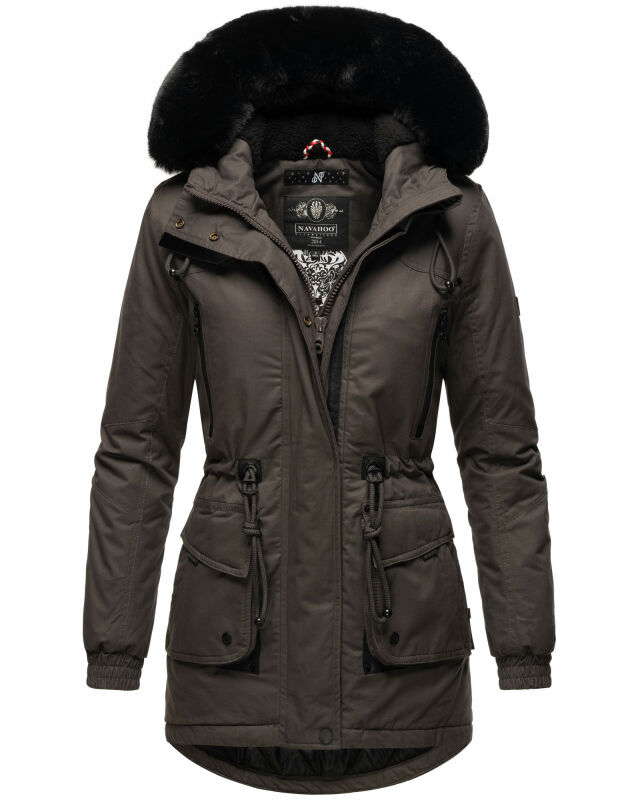 Navahoo Olessaa Damen Winter Jacke Winterjacke halblang Kapuze Kunstfell B869 Anthrazit-Gr.XXL