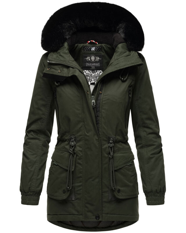 Navahoo Olessaa Damen Winter Jacke Winterjacke halblang Kapuze Kunstfell B869 Olive-Gr.XS