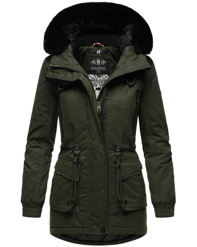 Navahoo Olessaa Damen Winter Jacke Winterjacke halblang Kapuze Kunstfell B869 Olive-Gr.L