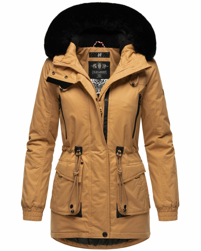 Navahoo Olessaa Damen Winter Jacke Winterjacke halblang Kapuze Kunstfell B869 Camel-Gr.S
