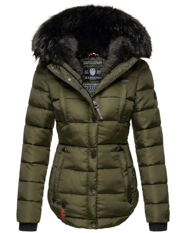 Marikoo warme Damen Winter Jacke gesteppt mit Kunstfell B618 Olive Größe L - Gr. 40
