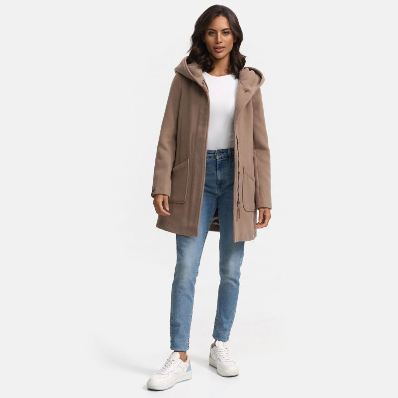 Marikoo Maikoo Damen Mantel mit Kapuze Trenchcoat Jacke B819 Taupe Grey Größe XS - Gr. 34
