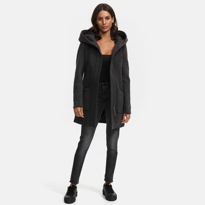 Marikoo Maikoo Damen Mantel mit Kapuze Trenchcoat Jacke B819 Anthrazit Melange Größe XS - Gr. 34