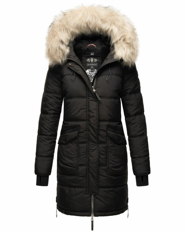 Marikoo Chaskaa Damen Kapuze Kunstfell Winter Jacke warm lang gesteppt B879 Schwarz-Gr.S