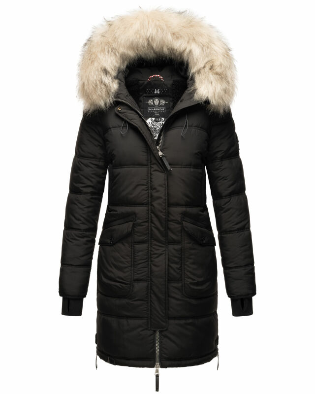 Marikoo Chaskaa Damen Kapuze Kunstfell Winter Jacke warm lang gesteppt B879 Schwarz-Gr.M