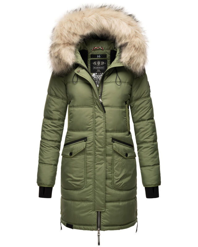 Marikoo Chaskaa Damen Kapuze Kunstfell Winter Jacke warm lang gesteppt B879 Olive-Gr.S