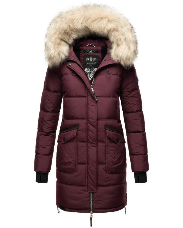 Marikoo Chaskaa Damen Kapuze Kunstfell Winter Jacke warm lang gesteppt B879 Weinrot-Gr.L