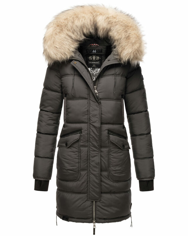 Marikoo Chaskaa Damen Kapuze Kunstfell Winter Jacke warm lang gesteppt B879 Anthrazit-Gr.L