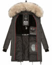 Marikoo Chaskaa Damen Kapuze Kunstfell Winter Jacke warm lang gesteppt B879 Anthrazit-Gr.L