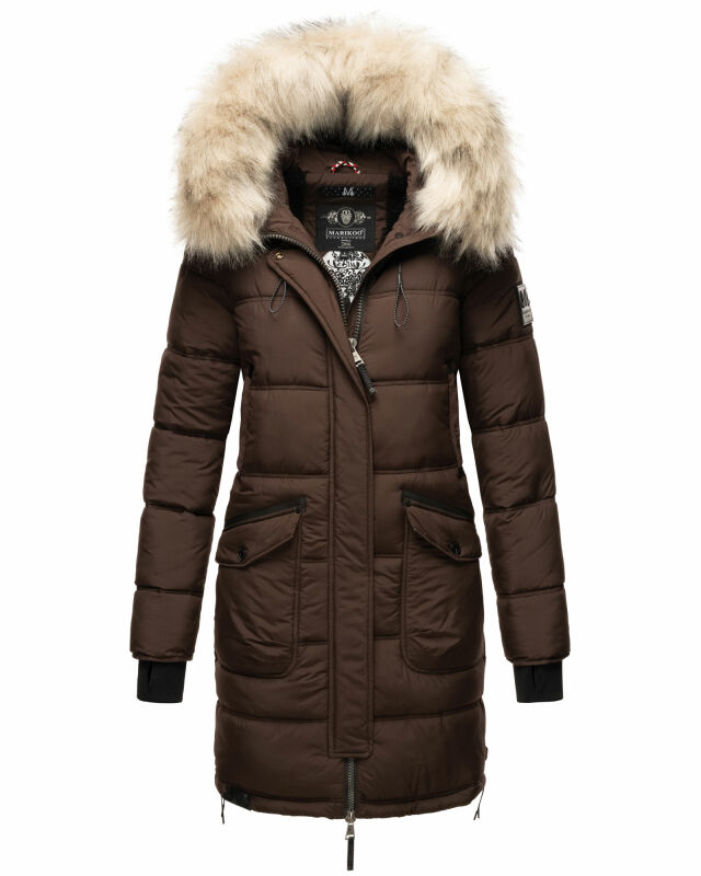 Marikoo Chaskaa Damen Kapuze Kunstfell Winter Jacke warm lang gesteppt B879 Schoko-Gr.M