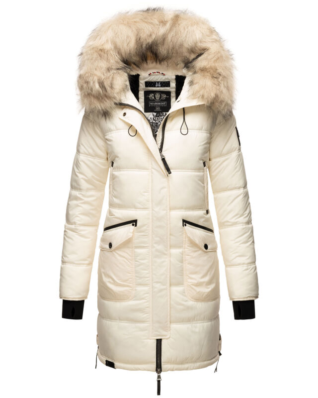 Marikoo Chaskaa Damen Kapuze Kunstfell Winter Jacke warm lang gesteppt B879 Offwhite-Gr.S