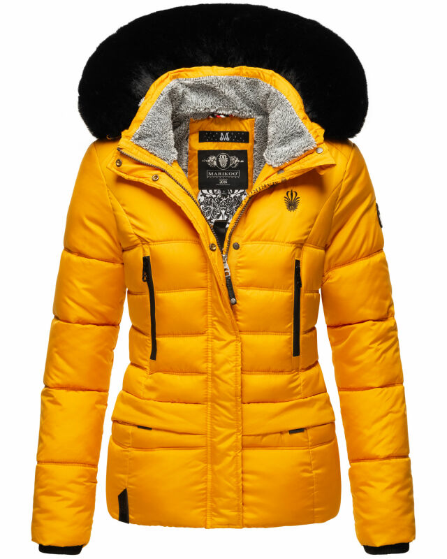 Marikoo Loveleen Damen Winter Steppjacke mit Kapuze & Fellkragen B894 Gelb-Gr.S