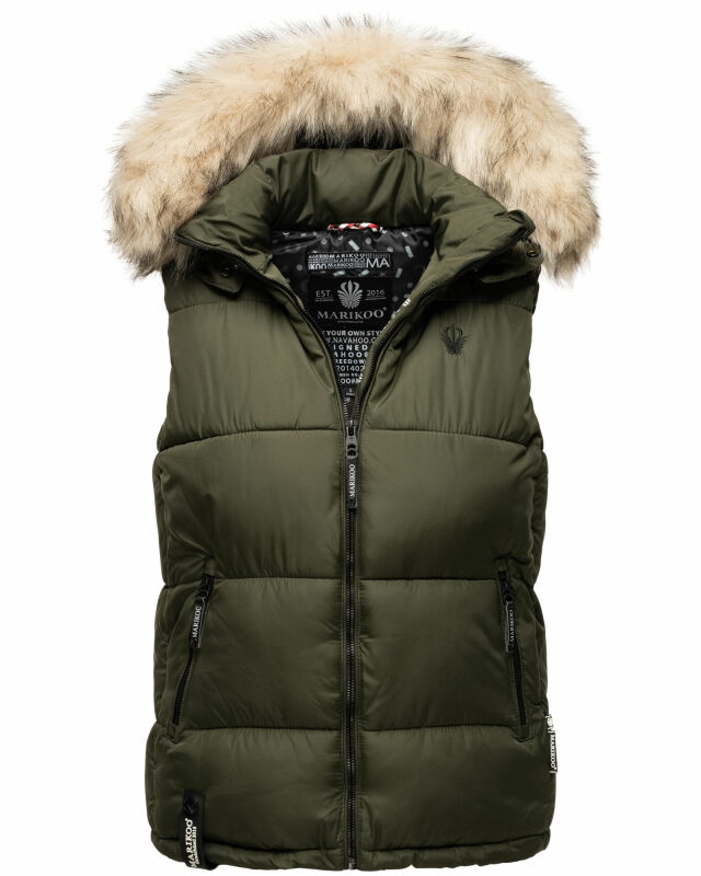 Marikoo Eisflöckchen Damen Steppweste  Winter Weste mit Fellkragen B896 Olive-Gr.XS