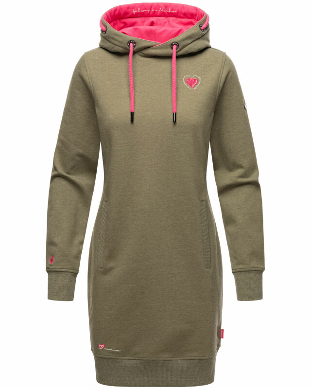 Navahoo Kirschblüte Damen Kleid Longline Hoodie Kapuzenpullover Pullikleid Olive-Mel.-Gr.S